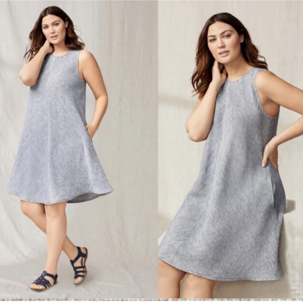 Lands' End Petite LP Blue Linen Sleeveless Crewneck A-line Swing Slouchy Dress